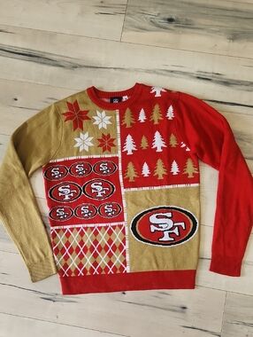 NFL San Francisco 49ers Red and Gold Patchwork Crewneck Sweater